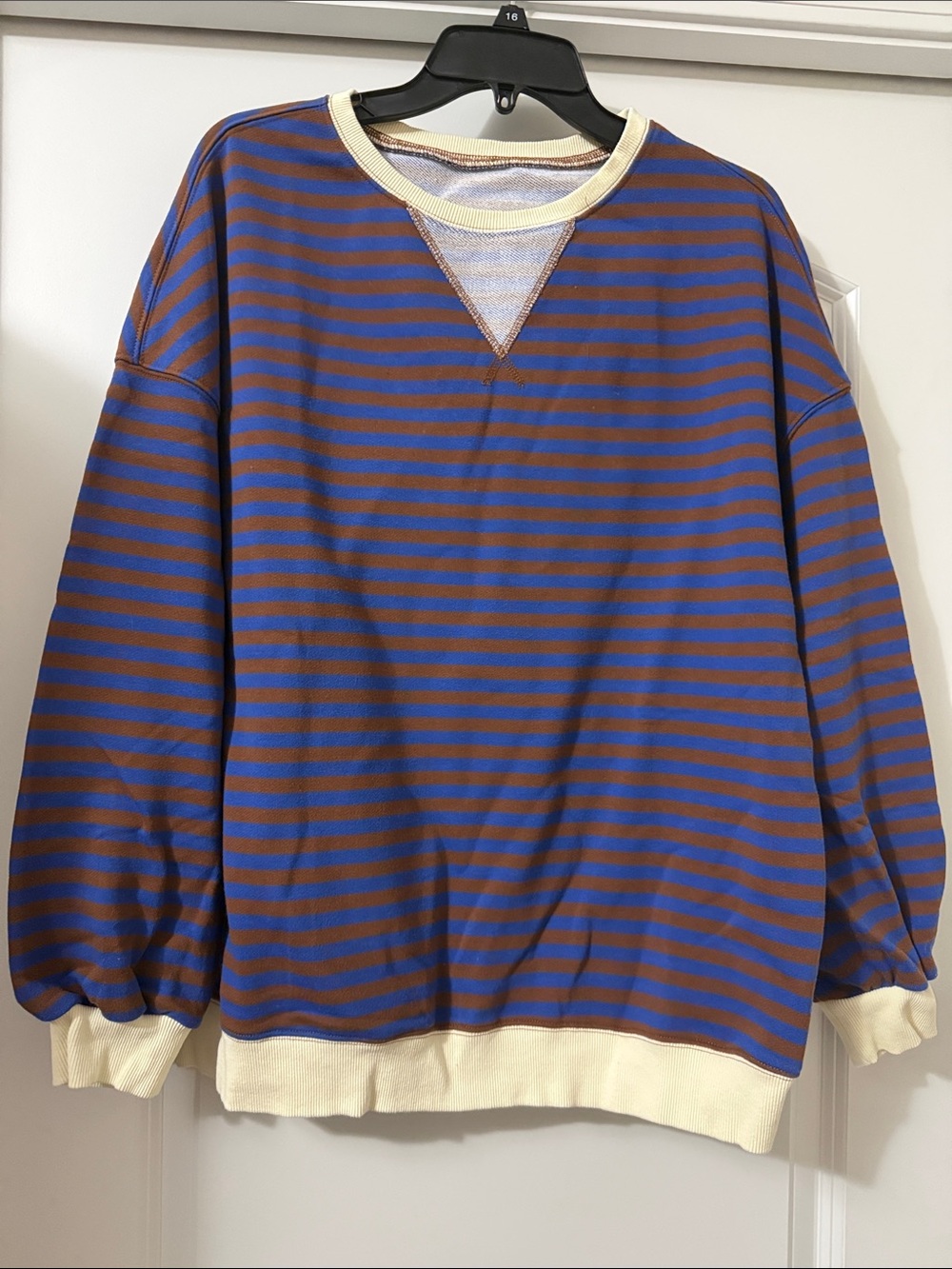Striped Crewneck Sweatshirt in Blue, Brown and Yellow- Gently Worn